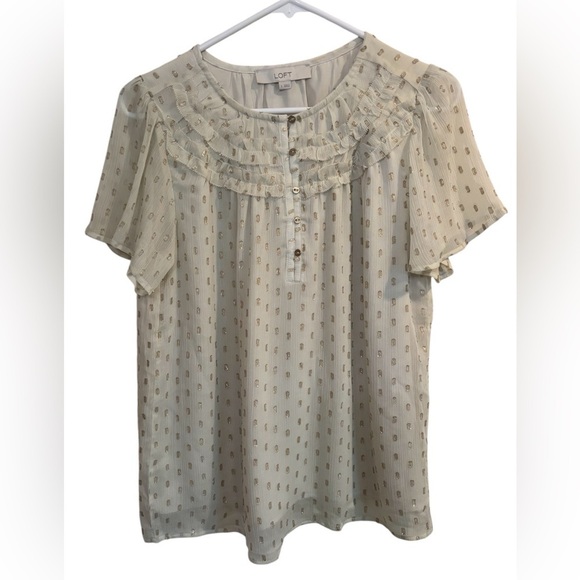 LOFT Tops - New LOFT Blouse Ivory Ruffle Detail Top Short Sleeve Boho Size S